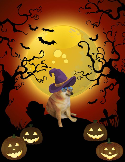 A Halloween-themed digital illustration showing a Shiba Inu dog wearing a purple witch hat and glasses, surrounded by jack-o'-lanterns, bats, and a full yellow moon.