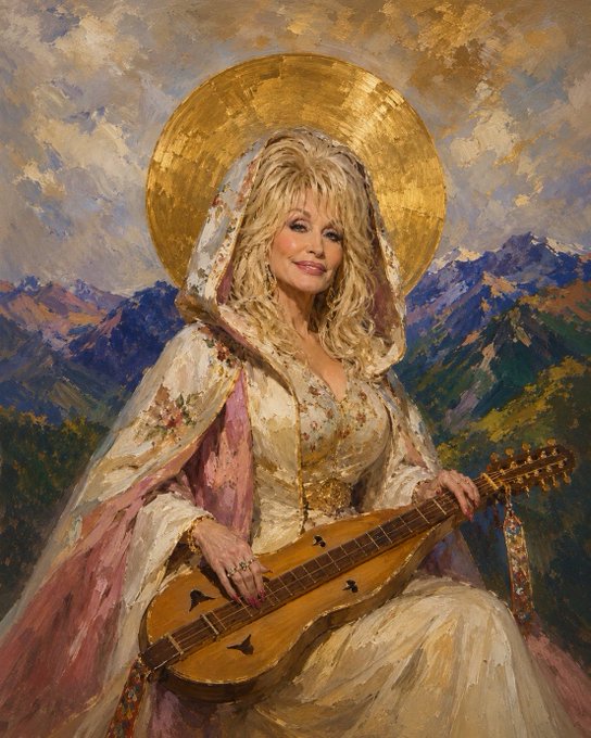 A painted portrait depicts the iconic Dolly Parton as a haloed, Madonna-like figure in flowing robes, seated with a dulcimer against a mountainous landscape, serving as a fitting tribute following her passing.