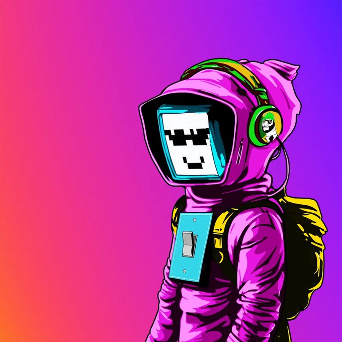 A digital illustration of a hooded figure wearing a purple jacket, headphones, and a backpack, with a pixelated LED-style face displayed in the hood's visor.