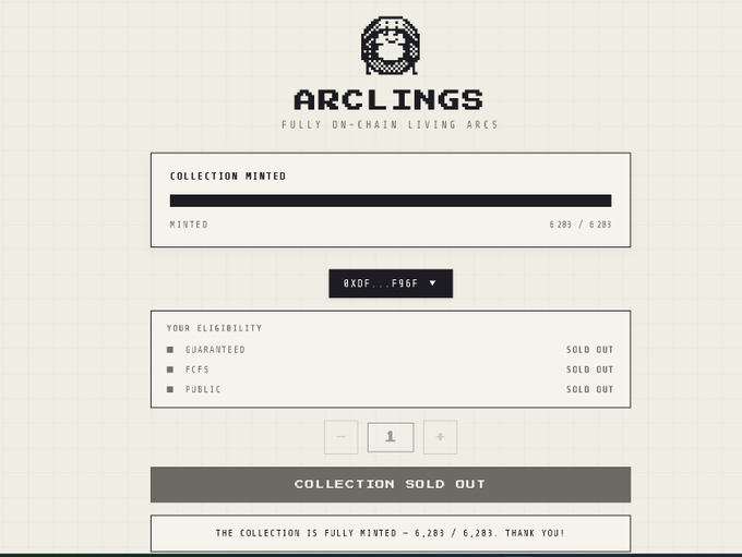 Screenshot of the ARCLINGS NFT collection minting page showing the collection is fully minted at 6,283/6,283 with all eligibility tiers (GUARANTEED, FCFS, PUBLIC) marked as SOLD OUT.