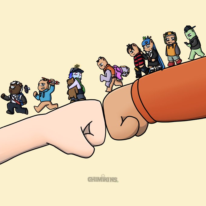 Chibi-style cartoon illustration titled "CHIMIKENS" showing small characters walking up a giant hand's finger while a giant finger (presumably a thumb) approaches to flick them.