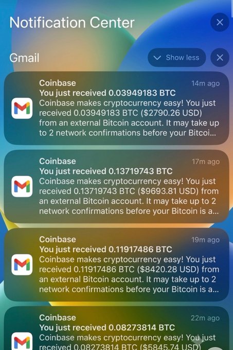 The image shows an iOS Notification Center with multiple Gmail notifications from Coinbase alerting the user of Bitcoin (BTC) deposits: 0.03949183 BTC ($2,790.26), 0.13719743 BTC ($9,693.81), 0.11917486 BTC ($8,420.28), and 0.08273814 BTC ($5,845.74), totaling over $26,700 in incoming Bitcoin transactions.

The post asks about Solana, while the image shows Bitcoin notifications—creating an ironic contrast between seeking altcoin support while already receiving significant BTC deposits.