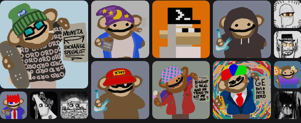 A collection of cartoon bear characters in various crypto/NFT-themed outfits and styles, including bears with "MM" hats, wizard hats, pixelated designs, hoodies, suits, and various accessories like lab tubes and signs with meme-related text.