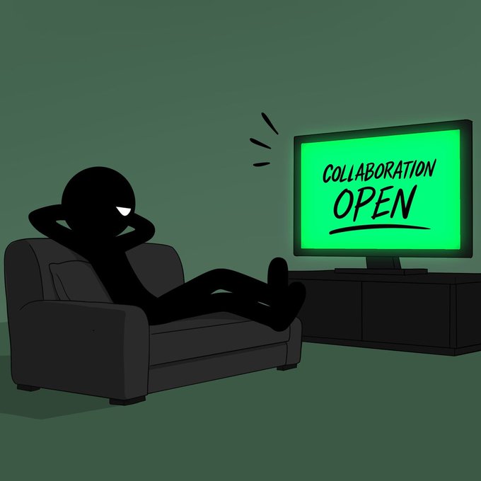 A cartoon silhouette of a figure lounging with feet up on a sofa, watching a bright green TV screen displaying the text 'COLLABORATION OPEN' against a dark green background.