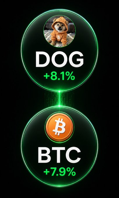 The image displays two glowing green circular panels showing DOG up +8.1% (featuring a Shiba Inu dog in an orange hoodie) and BTC up +7.9% (with the Bitcoin logo), visually confirming the post's claim that DOG is performing well on Bitcoin's rally.