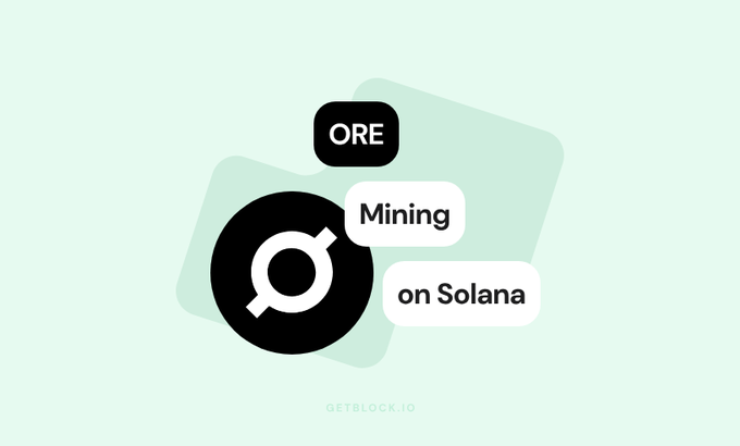 A black ORE token logo with its distinctive magnifying glass-style symbol is displayed alongside white speech bubbles reading "ORE," "Mining," and "on Solana," set against a soft mint-green background with the "GETBLOCK.IO" watermark. The graphic visually reinforces the message by highlighting ORE's mining functionality on the Solana blockchain, positioning it as a modern realization of Bitcoin's hard money ethos.