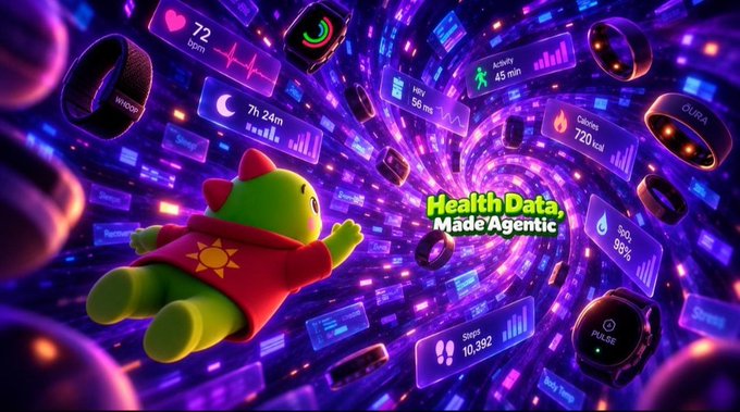 A vibrant, neon-colored digital artwork showing a green dinosaur plush toy floating through a tunnel of floating health metrics, including heart rate (72 bpm), sleep (7h 24m), activity, and steps (10,392), branded 'Health Data, Made Agentic.'