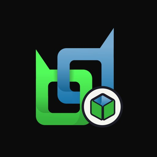 A black-background icon combines a green-and-blue abstract mark with a circular badge containing a cube symbol.