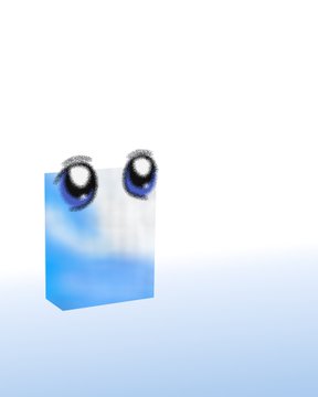 A surreal blue digital cube features a pair of expressive anime-style eyes floating on its top surface, capturing the dreamy aesthetic of a new digital polychromatic NFT being released on the Solana blockchain.