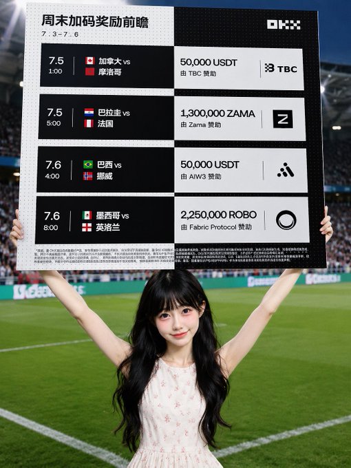 Chinese-language sports promotional poster titled 'Weekend Crypto Rewards Preview' (7/3-7/6) listing upcoming soccer match predictions (Canada vs Uruguay, Paraguay vs France, Brazil vs Norway, Mexico vs England) with associated crypto prize pools (50,000 USDT by TBC, 1,300,000 ZAMA by Zama, 50,000 USDT by AW3, 2,250,000 ROBO by Fabric Protocol), featuring a woman holding the board in a stadium setting with the OKX logo.
