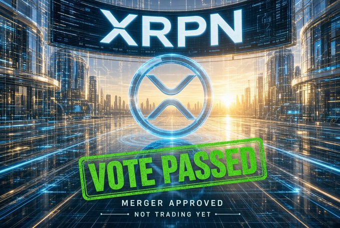 A futuristic digital cityscape graphic featuring the XRP cryptocurrency logo with text "XRPN", "VOTE PASSED", "MERGER APPROVED", and "NOT TRADING YET".