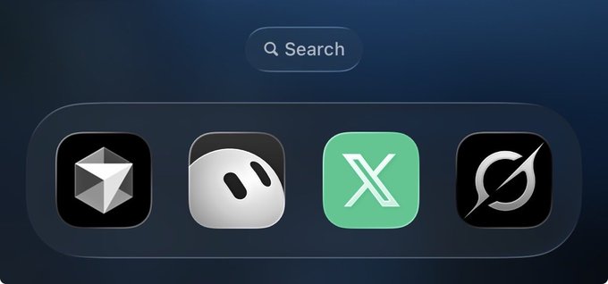 A smartphone dock showing four app icons: a geometric logo, a gray face icon, an X (social media), and a circular logo with a slash, beneath a search bar.