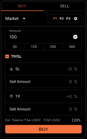 A mobile trading app interface showing a BUY/SELL order form with Market type selected, an Amount of 100, and TP/SL settings at -0% and +0%, estimating 7.54 USDC tokens with a BUY button.