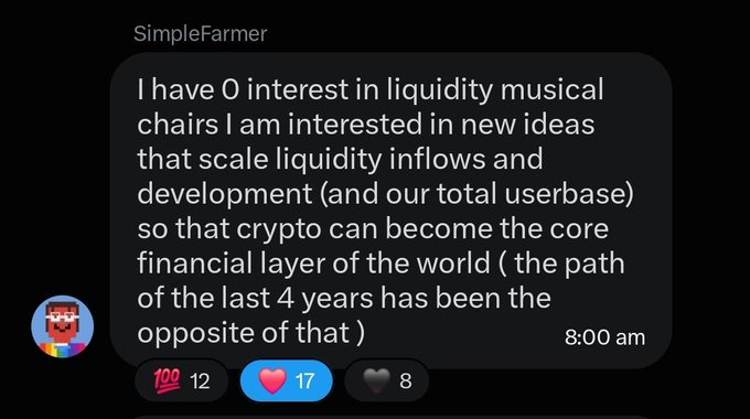 A dark-mode social media message from 'SimpleFarmer' discusses scaling liquidity inflows and crypto becoming the core financial layer of the world, posted at 8:00 am with 17 likes.