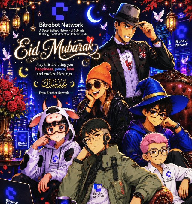 The image features a group of six people, including four boys and two girls, posing for a picture with their arms around each other. They are all wearing hats and glasses, giving them a unique appearance. The background of the photo shows a city skyline at night, adding an urban touch to the scene. In the center of the image, there is a banner that reads "Eid Mubarak" in Arabic script, indicating that it's the holy month of Ramadan. The text also mentions that the group won a prize for their participation in the TeleArms pilot role.