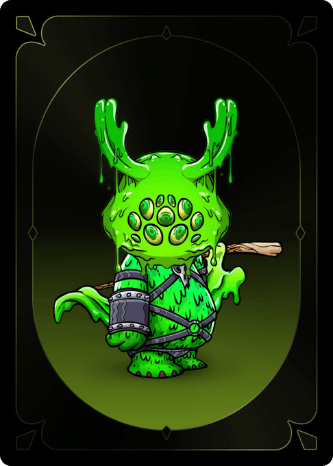 A cartoon illustration of a green, blob-like monster character with antlers, multiple eyes, and a wooden club, wearing leather straps and chains against a dark green background within a decorative frame.