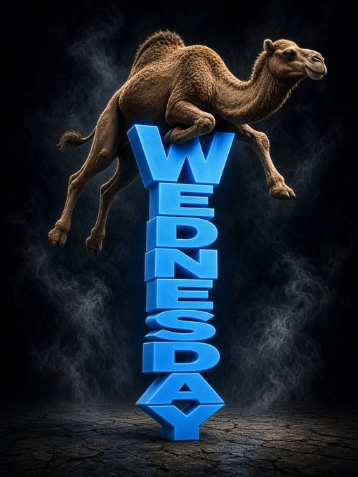 A 3D-rendered image of a camel perched dramatically on top of the word 'WEDNESDAY' rendered in blue 3D letters, set against a dark, smoky background.
