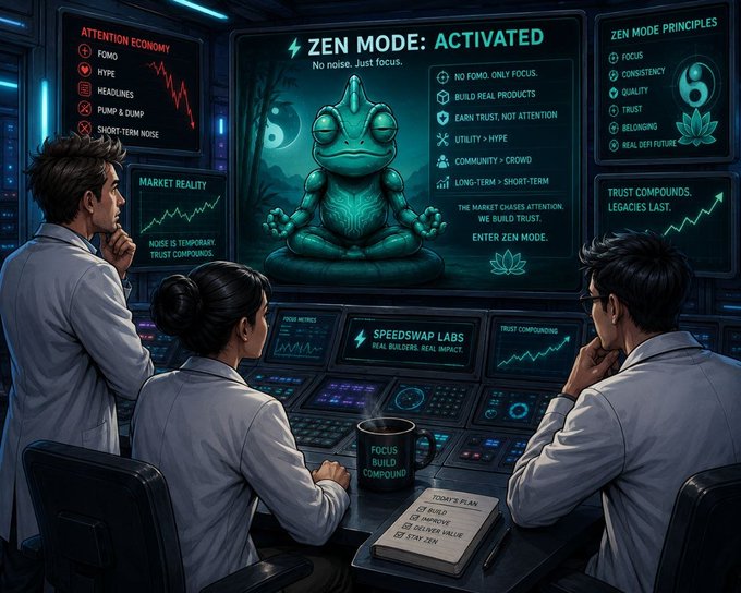 A digital illustration of three people in lab coats looking at a large screen displaying "ZEN MODE: ACTIVATED" with a meditating frog/creature, surrounded by panels labeled "ATTENTION ECONOMY" and "ZEN MODE PRINCIPLES."