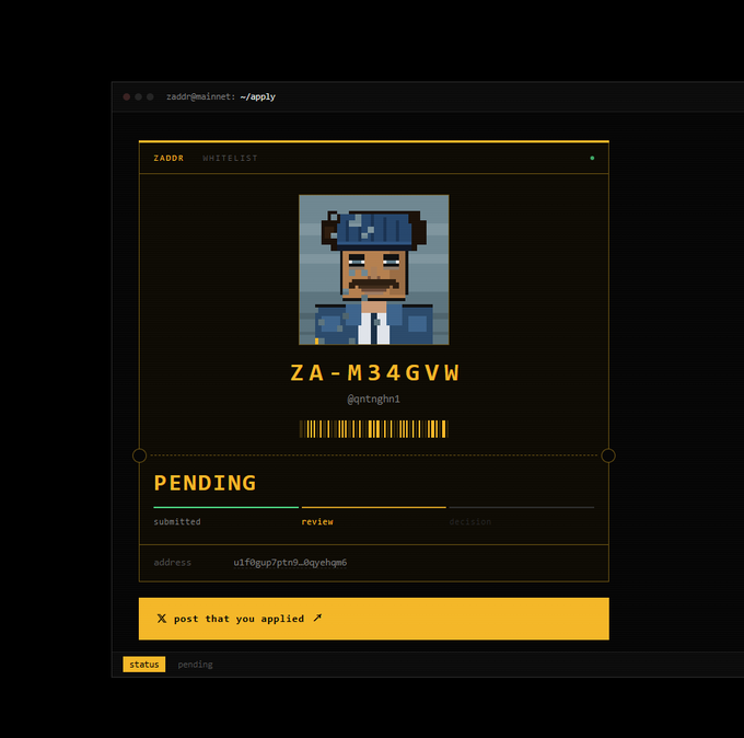 A ZADDR Whitelist application screen showing a pixel art avatar, the code 'ZA-M34GVW', handle '@qntnghn1', and a pending status.