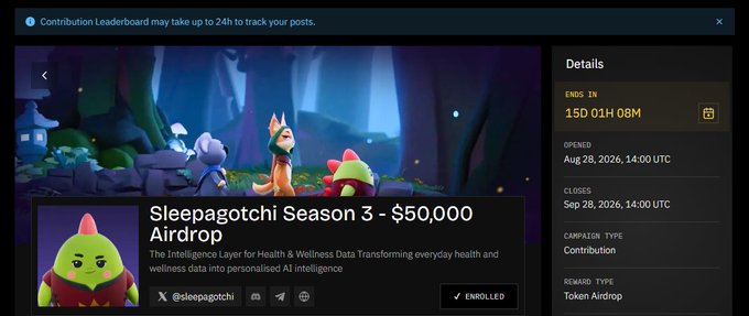 A screenshot of a webpage for "Sleepagotchi Season 3 - $50,000 Airdrop" featuring 3D animated characters in a forest, noting it "ENDS IN 150 01H 08M" and is marked "ENROLLED".