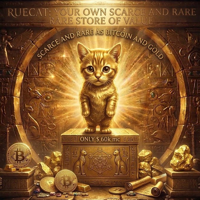 A golden cat NFT advertisement with text reading 'RUECAT: YOUR OWN SCARCE AND RARE STORE OF VALUE', 'SCARCE AND RARE AS BITCOIN AND GOLD', and 'ONLY $60k mc', surrounded by Bitcoin coins and gold bars.