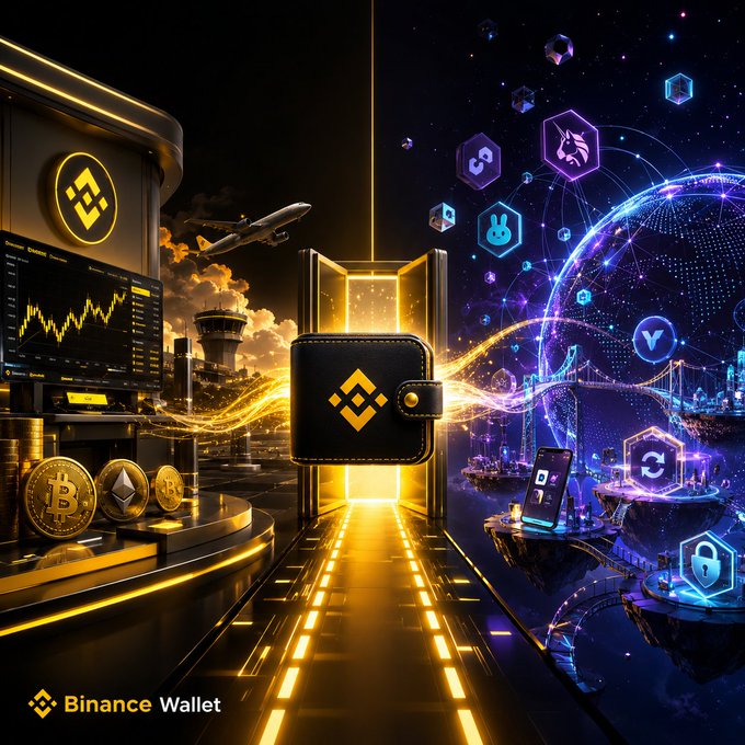 A futuristic digital illustration split between golden traditional finance imagery (Bitcoin and Ethereum coins, a trading chart, and a plane) and a blue tech/Web3 realm (cryptocurrency icons, a glowing blockchain globe, and a bridge leading to a black leather Binance Wallet). The "Binance Wallet" logo at the bottom left ties into the post's theme of explaining why users need a dedicated Binance Wallet beyond just holding coins on the exchange itself.