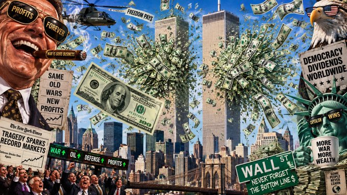 A surreal collage depicts dollar bills exploding from the Twin Towers, with figures representing capitalism and war amid signs like "WALL ST" and "FREEDOM PAYS."