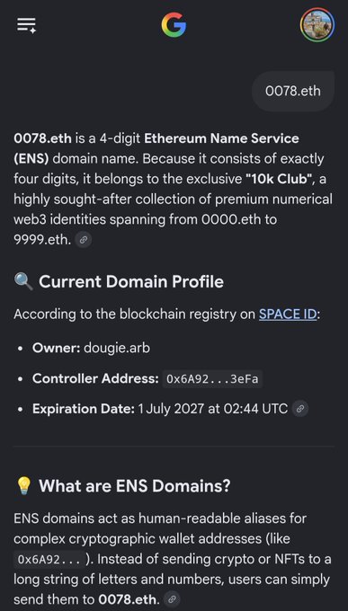 A Google search results page showing information about the Ethereum Name Service domain 0078.eth, listing owner as dougie.arb with expiration in July 2027.