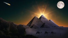 A glowing beam of light descends from the sky onto the Great Pyramids of Giza at night, framed by a full moon and a shooting star, while camels walk across the desert below—evoking a sense of cosmic timing, mystery, and an otherworldly moment tied to the phrase "Is it about time?"