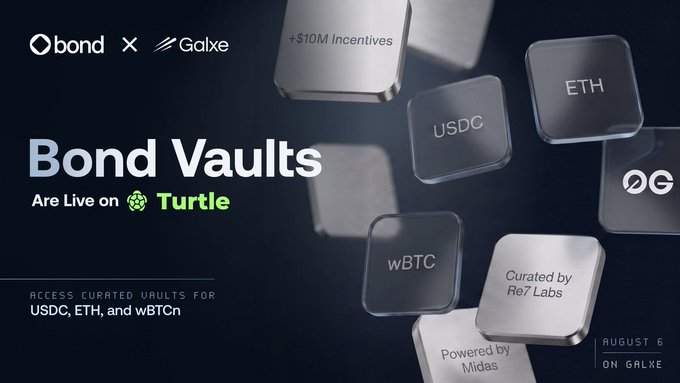 The image announces that "Bond Vaults Are Live on Turtle" with a collaboration between Obond and Galxe, featuring "+$10M Incentives" and "Curated by Re7 Labs / Powered by Midas" vaults for USDC, ETH, and wBTC, launching "August 6 on Galxe"—promoting the Galxe quest for the pre-deposit campaign on Turtle.