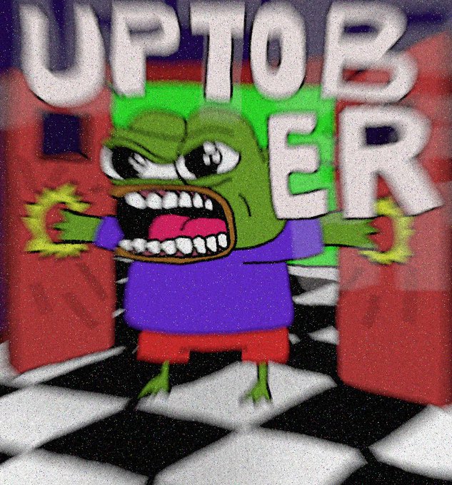 An illustration of an angry green cartoon character with a wide-open mouth wearing a purple shirt, standing on a checkered floor with 'UPTOBER' written in large white letters above.