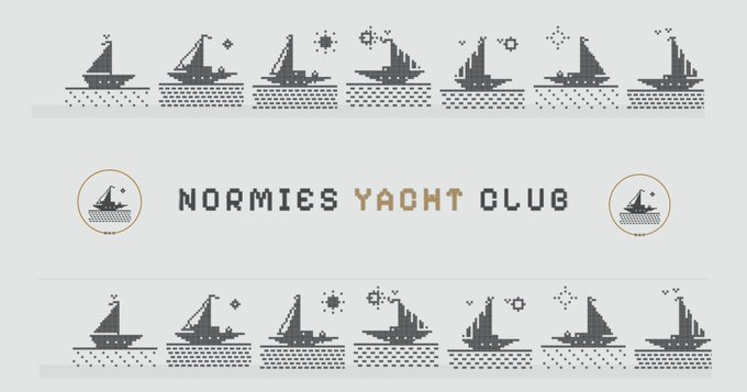 A pixel art style banner for 'NORMIES YACHT CLUB' featuring rows of small sailboats and decorative circular logos with sailboat icons.