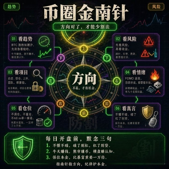 A Chinese-language crypto trading infographic titled '币圈金南针' (Crypto Circle Golden Compass) with six directional analysis principles including 看趋势 (Look at trends), 看风险 (Look at risks), 看项目 (Look at projects), 看情绪 (Look at sentiment), 看仓位 (Look at position), and 看真言 (Look at truth), emphasizing the central message '方向' (Direction) and '不乱，才有机会' (Don't panic, then there's opportunity).