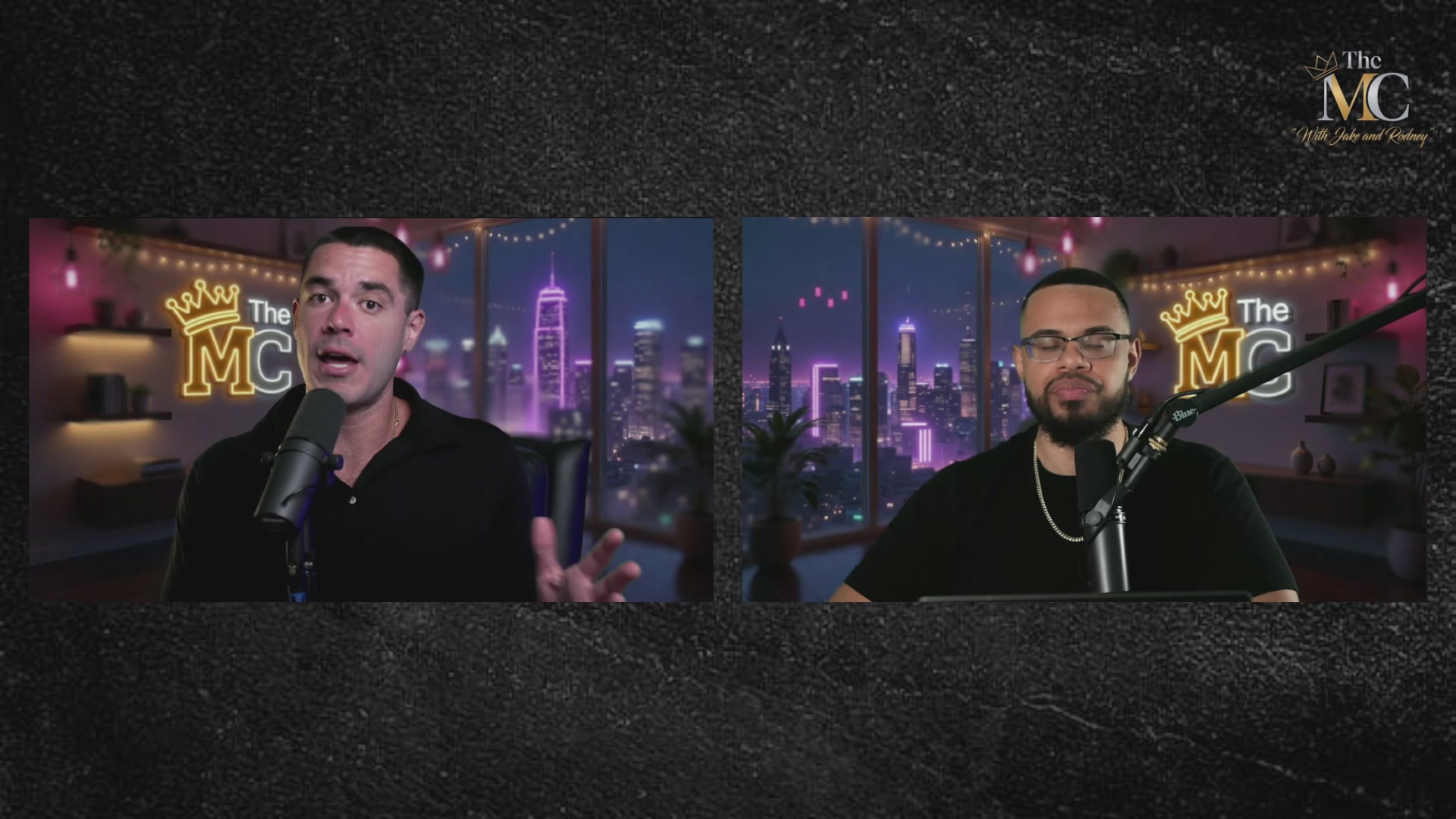 The image features two men sitting behind microphones, with a large poster of a city skyline in the background. The caption for the image reads "$TON Rebranding As $GRAM! Is This Bullish News For The @Ton_Blockchain?". The poster displays a cityscape at night, which is likely related to the post about Ton Rebranding as $GRAM!.