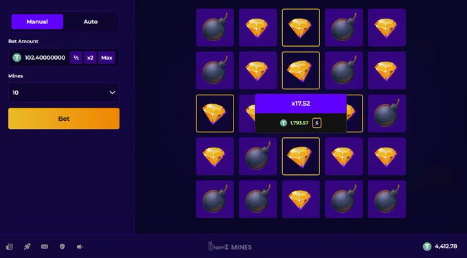 A screenshot of the "Super Z MINES" game on BiggerZ shows a 5x5 grid of bombs and diamonds, with three diamonds successfully revealed for a x17.52 multiplier and a payout of 1,793.57 from a 102.4 USDT bet. The image illustrates the risky, high-reward gameplay referenced in the post, where the player narrowly avoided additional bombs while securing a significant win on their 100 USDT wager.