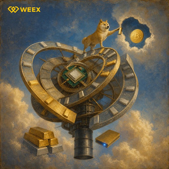 A surreal digital artwork featuring a Shiba Inu dog standing on a complex floating metallic structure containing a microchip, holding a paintbrush that draws a Bitcoin symbol in the clouds, branded with the WEEX logo.