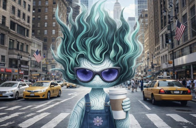 A digital artwork depicting a character with turquoise flame-like hair, purple sunglasses, and denim overalls holding a coffee cup while standing on a New York City street with yellow taxis and American flags in the background.