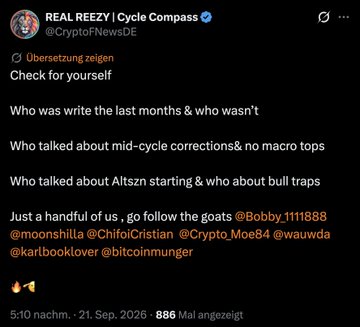 The image shows a tweet from "REAL REEZY | Cycle Compass" (@CryptoFNewsDE) urging followers to check the recent market predictions of several accounts—including @Bobby_111888, @moonshitla, @ChifoiCristian, @Crypto_Moe84, @wauwda, @karlbooklover, and @bitcoinmunger—who correctly warned of an ongoing "Überstetzung" (overheating) and mid-cycle corrections. The post's caption celebrates a second knighting and recommends these two accounts alongside @CryptoFNewsDE as trustworthy bullish analysts.