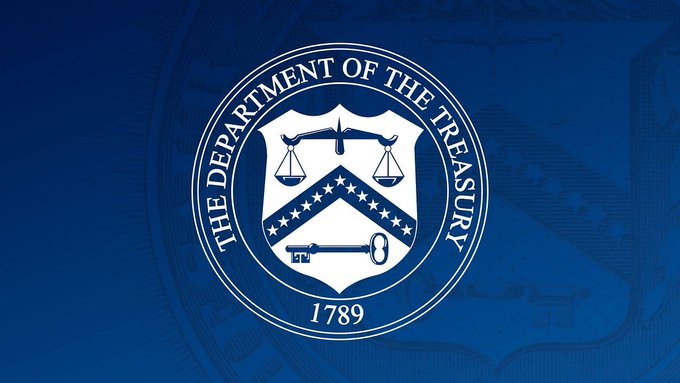The U.S. Department of the Treasury seal (dated 1789) is displayed, featuring its iconic scales and chevron design. The image directly ties to the accompanying post, which discusses how Treasury policy and the Treasury General Account are influencing Bitcoin's price movement above $80K.
