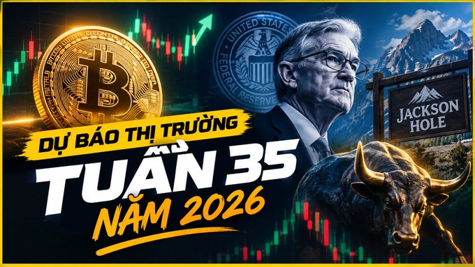 A thumbnail featuring a Bitcoin coin, Jerome Powell, Federal Reserve seal, Jackson Hole sign, a bull, and Vietnamese text 'DỰ BÁO THỊ TRƯỜNG TUẦN 35 NĂM 2026'.