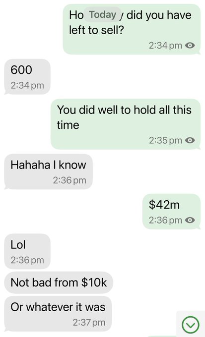 A WhatsApp text conversation discussing an investment return of '$42m' from '$10k', with messages reading 'Ho Today, did you have left to sell?' and 'Not bad from $10k'.