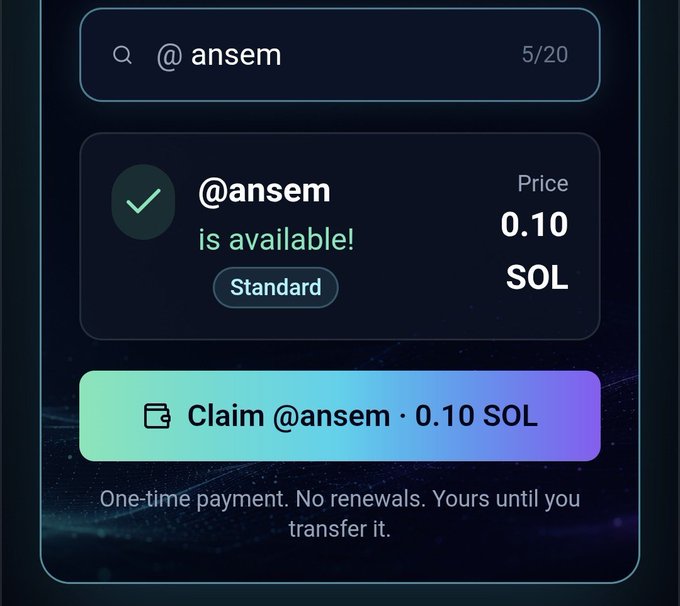 A mobile payment claim interface showing that the username '@ansem' is available to register as a one-time payment of 0.10 SOL.