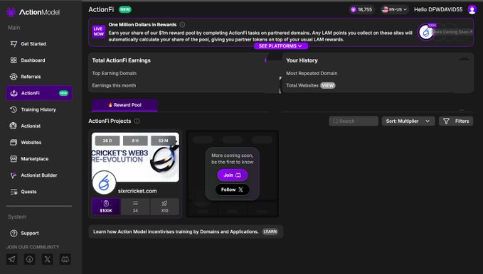 Screenshot of the ActionFi dashboard displaying 'One Million Dollars in Rewards' for ActionFi leaks, with a Total ActionFi Earnings section and ActionFi Projects including 'suvcricket.com'.