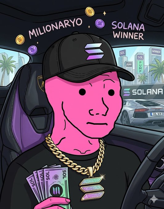 Cartoon illustration of a pink-faced figure wearing a Solana-branded cap and gold chain, holding cash, with text 'MILIONARYO' and 'SOLANA WINNER' alongside a Lamborghini and Solana signs.
