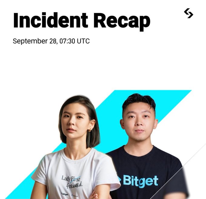 An 'Incident Recap' graphic dated September 28, 07:30 UTC featuring two people, one wearing a 'Bitget' shirt.