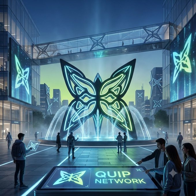A futuristic digital artwork depicting people gathered around a glowing neon butterfly fountain in a cyberpunk city, with a sign reading 'QUIP NETWORK'.
