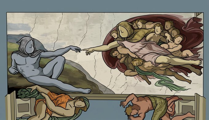An illustration inspired by Michelangelo's *The Creation of Adam*, depicting various figures in a style reminiscent of classical art, symbolizing the "creation of season 2" as mentioned in the post.