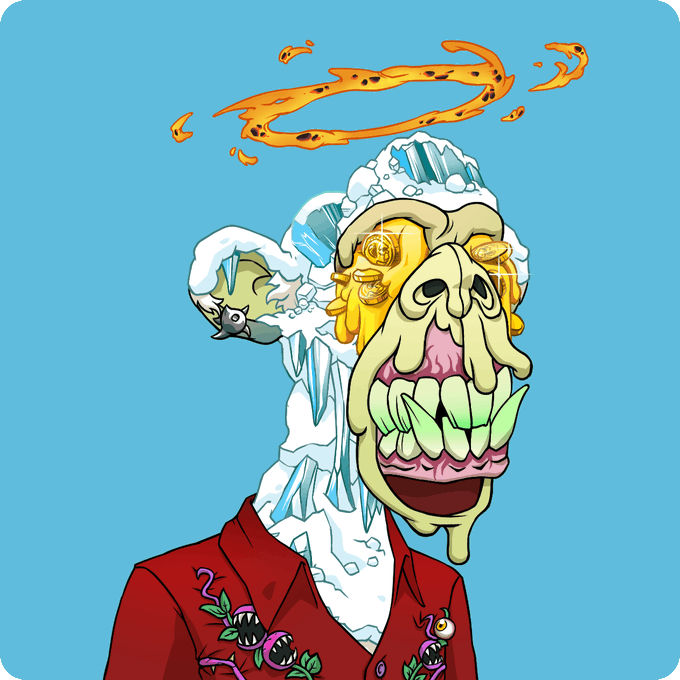 Cartoon-style NFT artwork depicting a grotesque zombie-like figure with icy skin, gold teeth, and an orange fiery halo, wearing a red floral shirt.