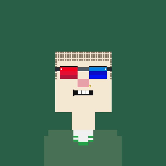 A pixel art illustration of a man wearing red and blue 3D glasses, with a grid-patterned head, on a solid dark green background.