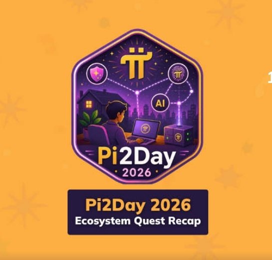A hexagonal badge with purple neon accents reads 'Pi2Day 2026' with an 'Ecosystem Quest Recap' subtitle below, featuring an illustration of a person working on a laptop with AI and Pi cryptocurrency symbols.